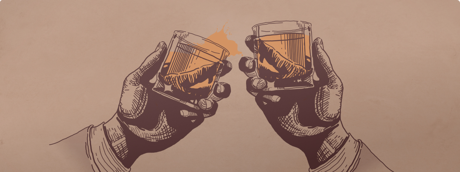 Hands toasting with whisky glasses